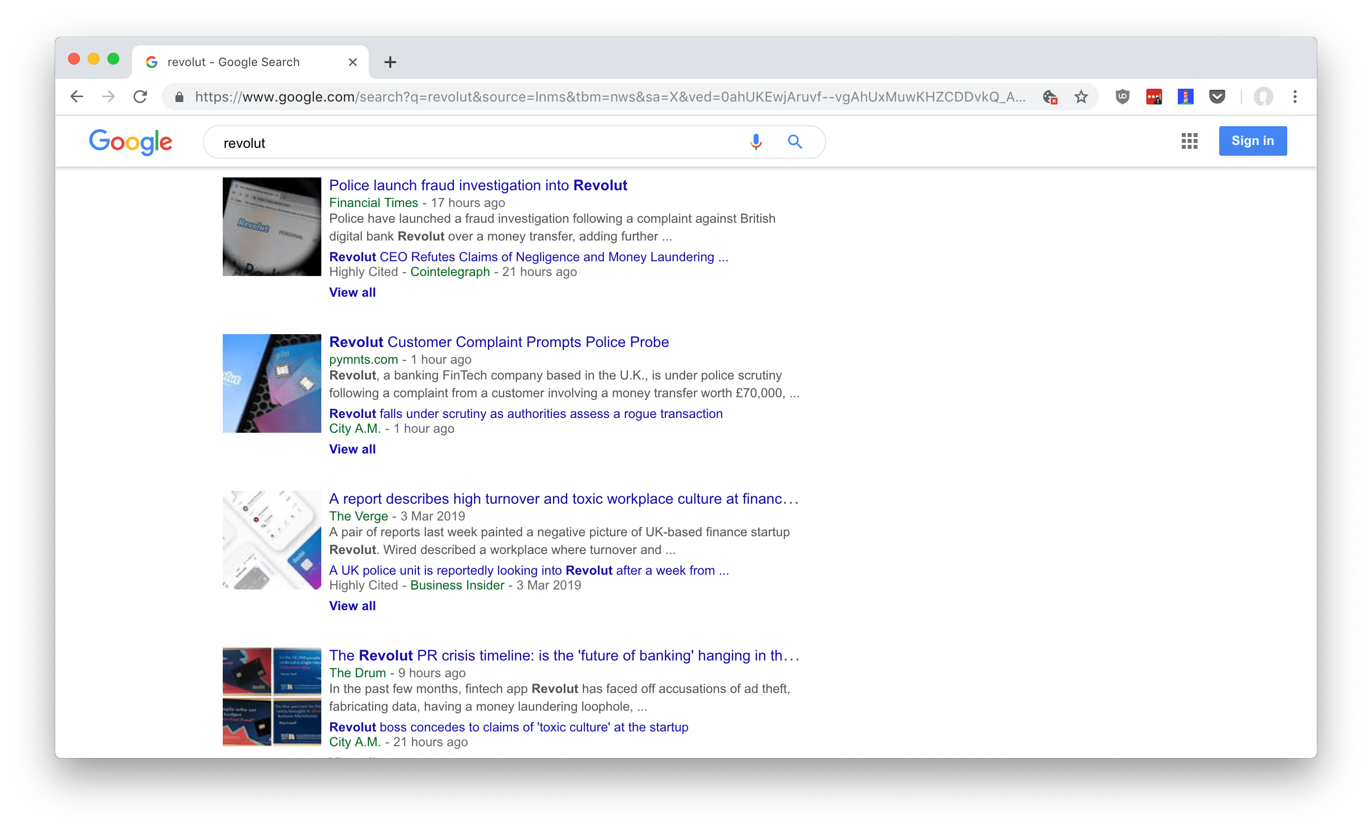 Screenshot of Google News results for Revolut