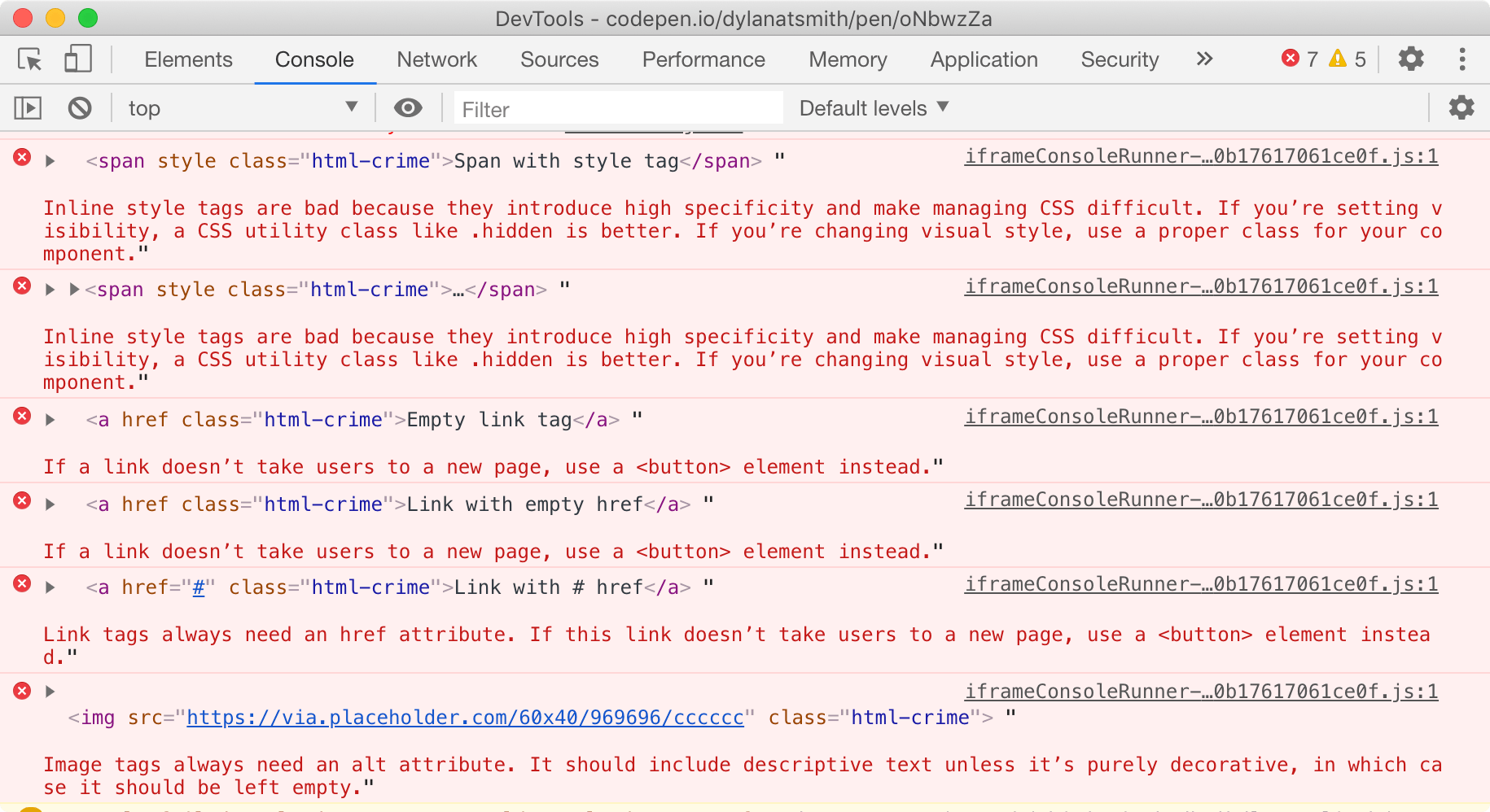 Chrome’s developer tools console displaying errors for common accessibility and semantic HTML issues