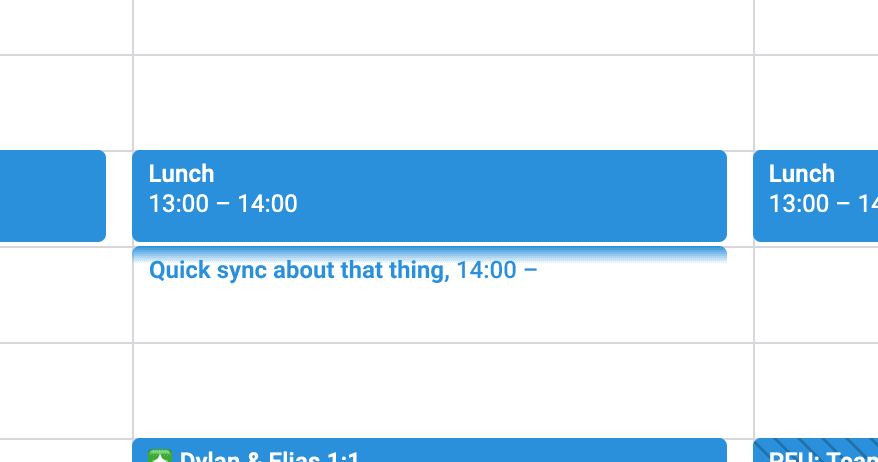 View of Google Calendar where a meeting called "Quick sync about that thing" begins at 14:00 and has no end time. The meeting block is stylised by fading out instead of having a solid background colour.